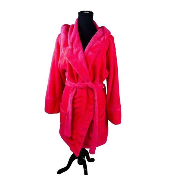VICTORIAS SECRET PINK GOLD SEQUIN PLUSH SHORT HOODED ROBE M/L NEON PINK COZY - Picture 2 of 6